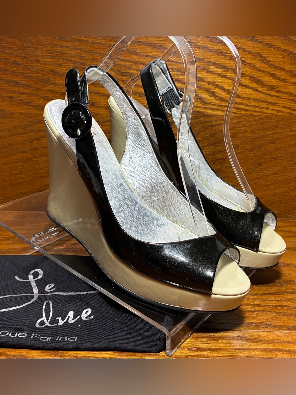 Le Due Due Farina Slingback Platform Wedges Black w/Gold Shimmer Ivory Patent 8